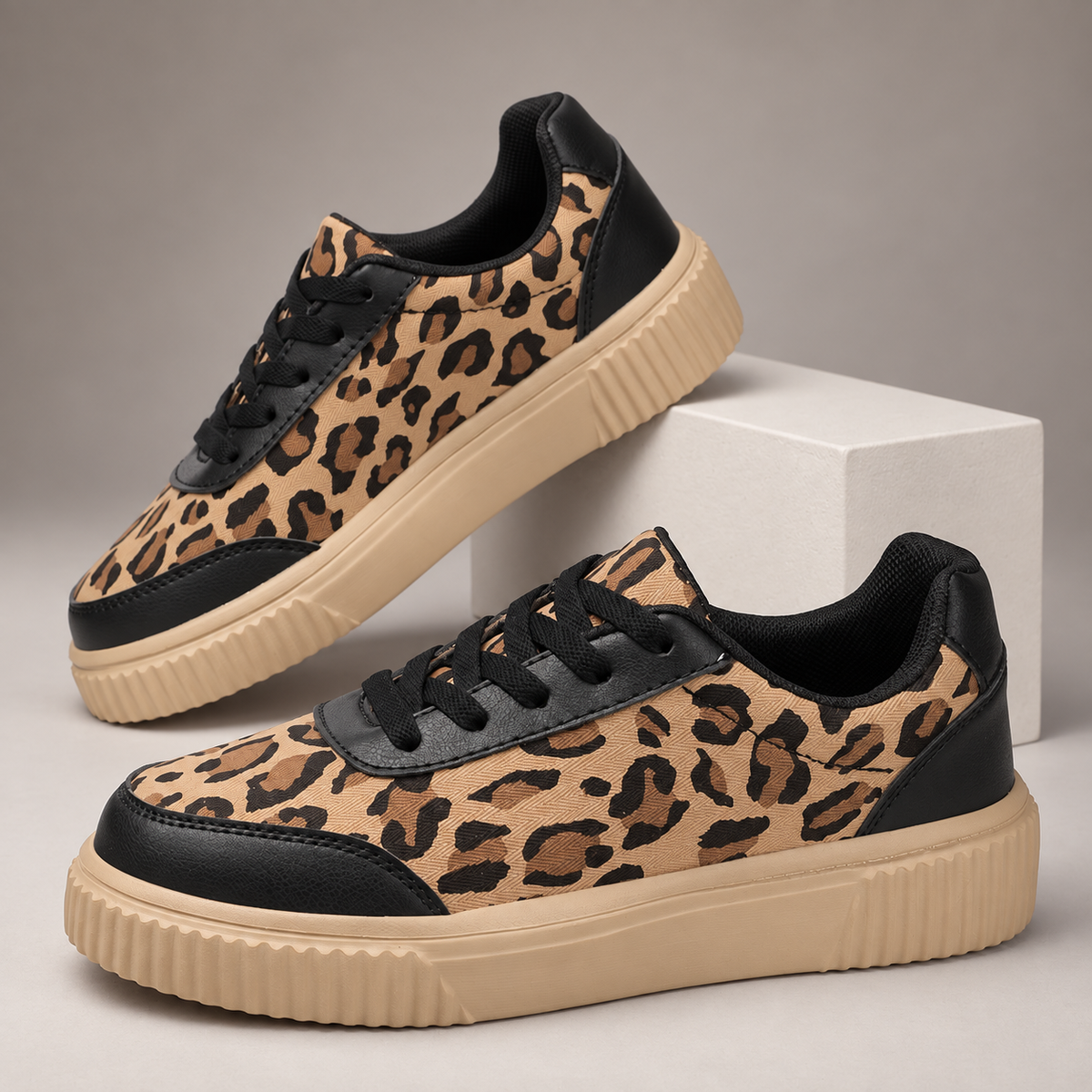 Camille Women’s Leopard-Print Platform Sneakers with Lace-Up Closure