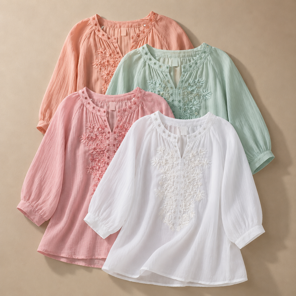 Camille Women’s Cotton Linen Embroidered Blouse – Lightweight Floral Top