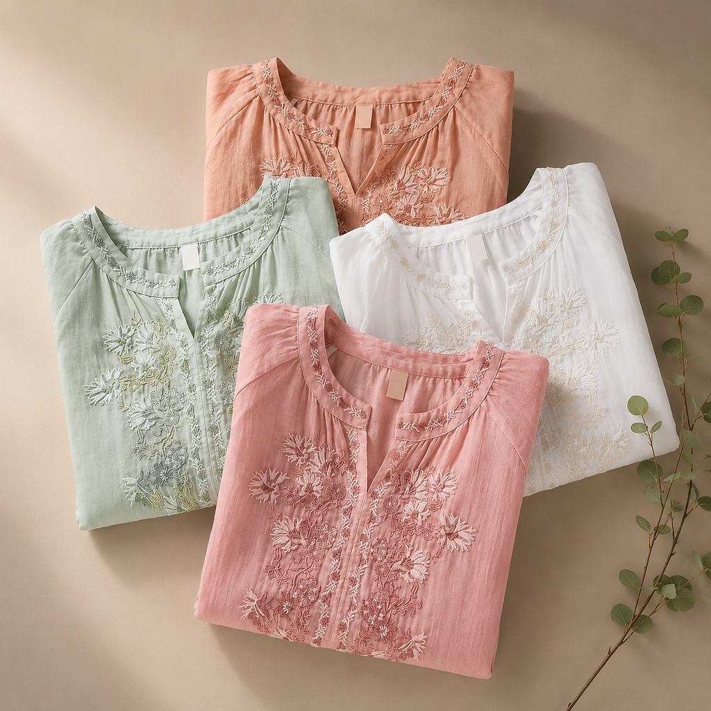 Camille Women’s Cotton Linen Embroidered Blouse – Lightweight Floral Top