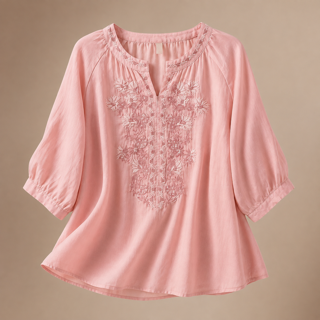 Camille Women’s Cotton Linen Embroidered Blouse – Lightweight Floral Top