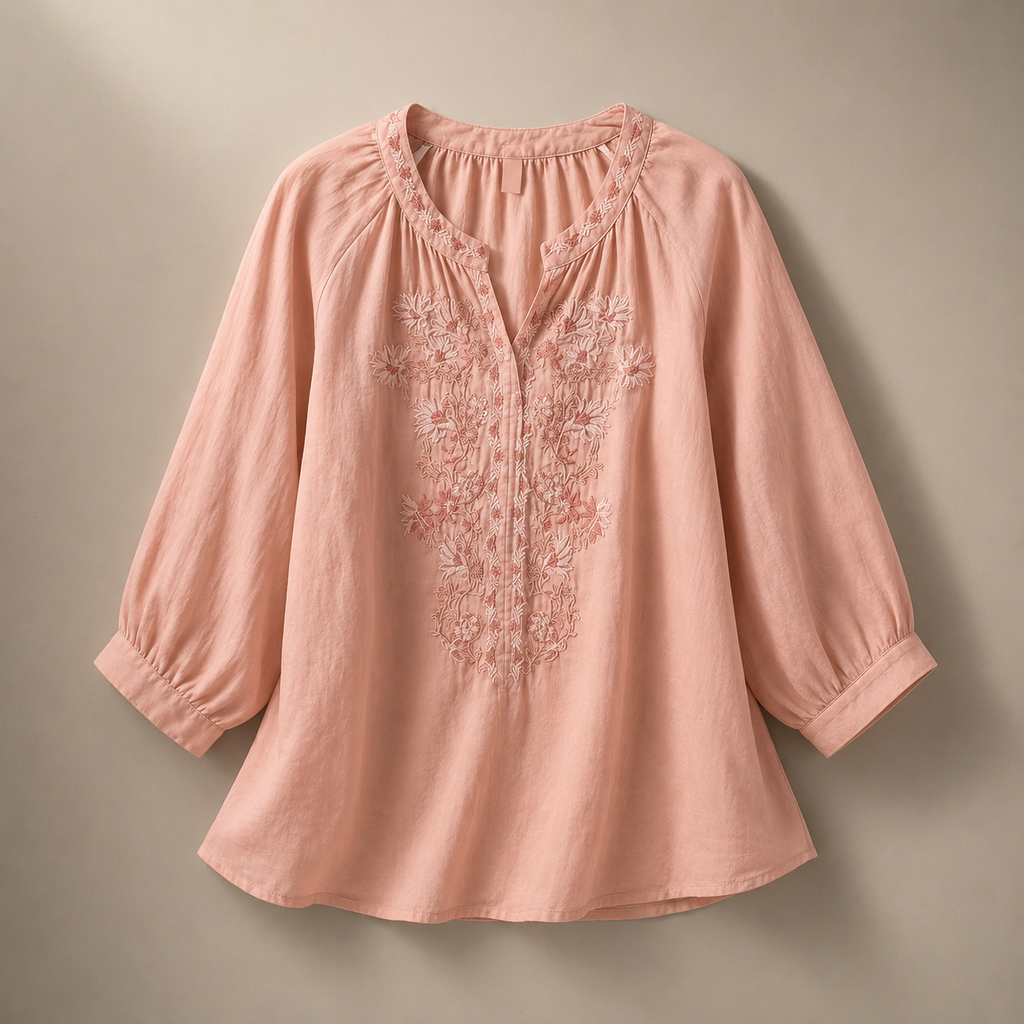Camille Women’s Cotton Linen Embroidered Blouse – Lightweight Floral Top