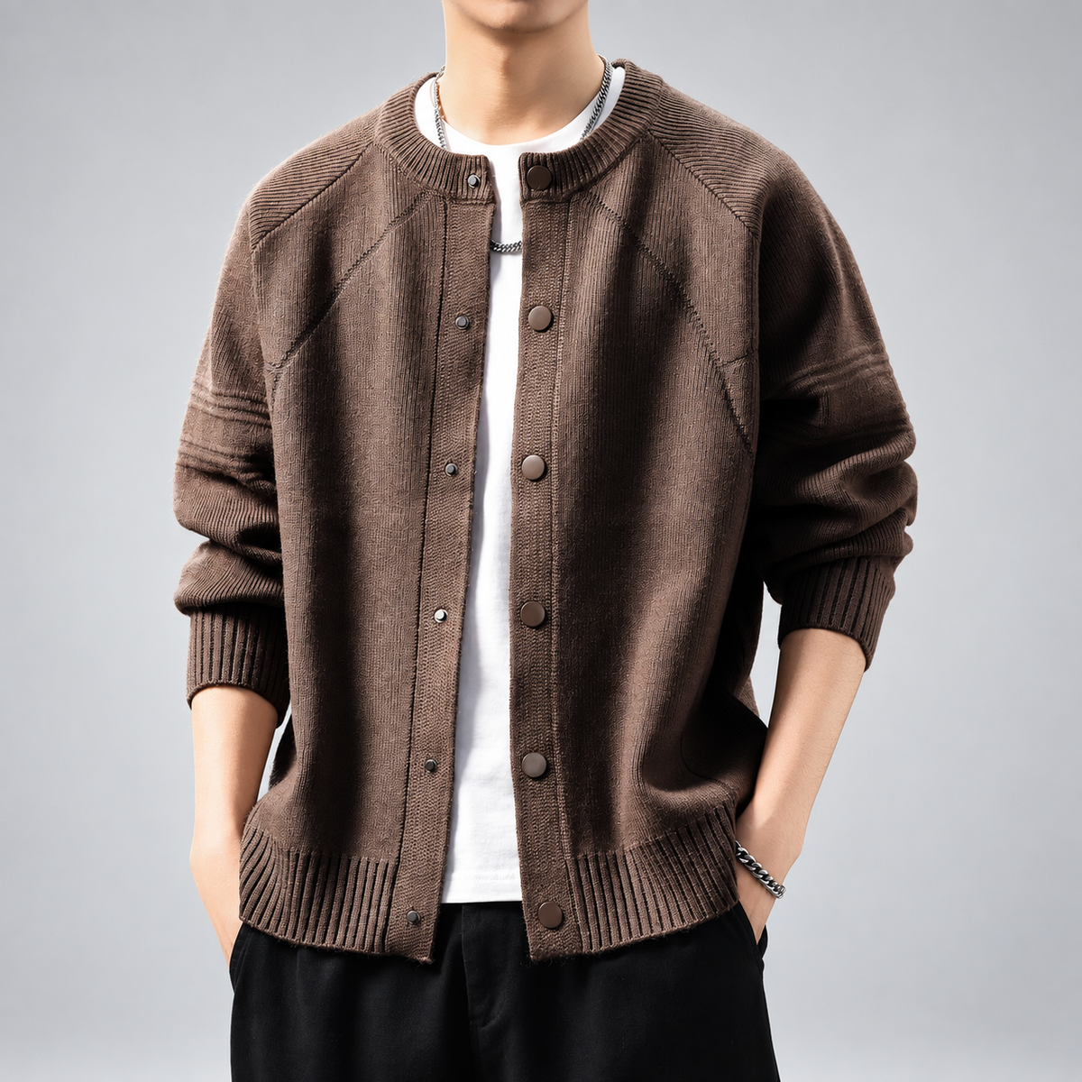 Anselmo Men's Snap-Front Knit Cardigan with Raglan Sleeves