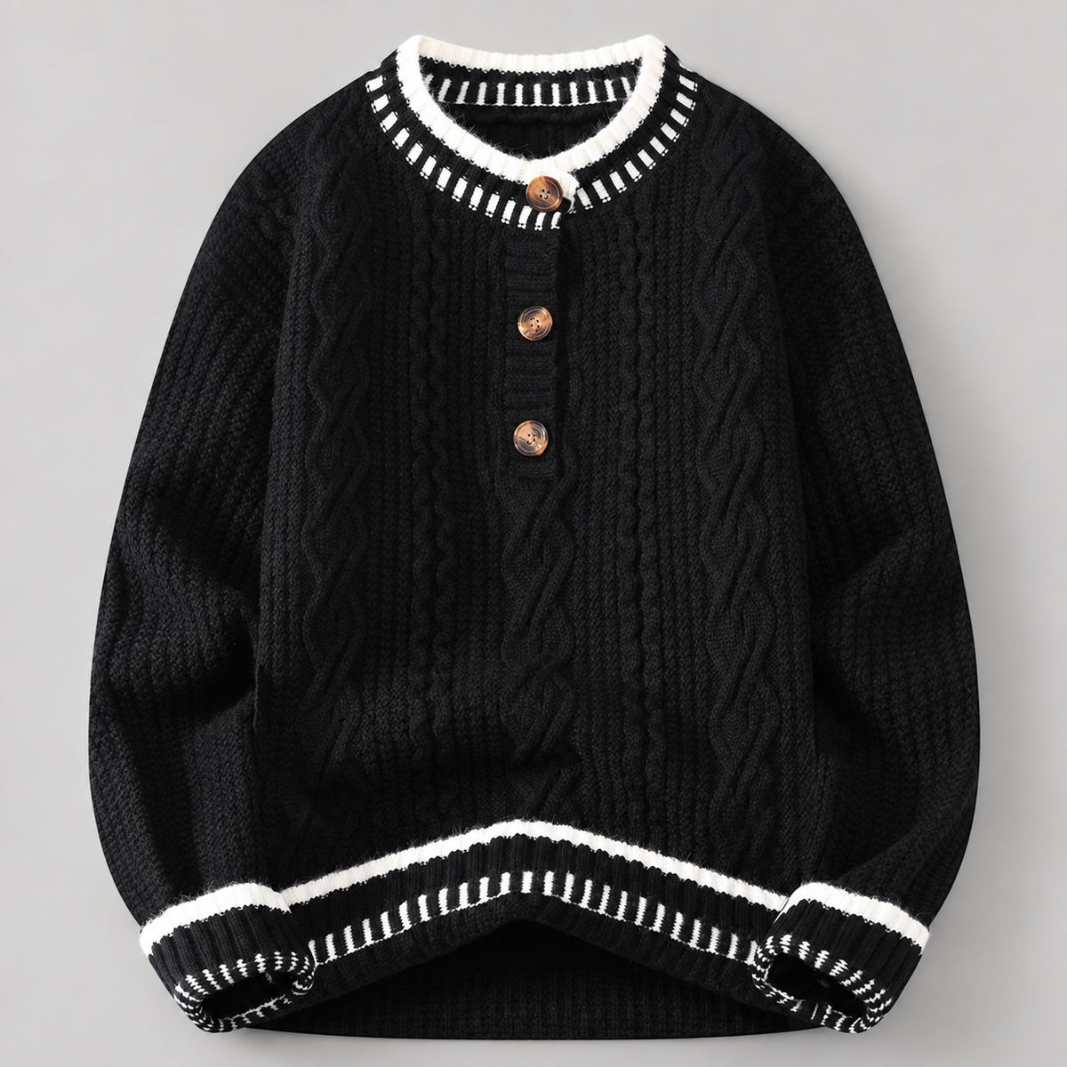 Cedric Men’s Cable-Knit Henley Sweater with Contrast Trim