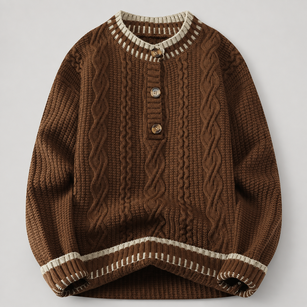 Cedric Men’s Cable-Knit Henley Sweater with Contrast Trim