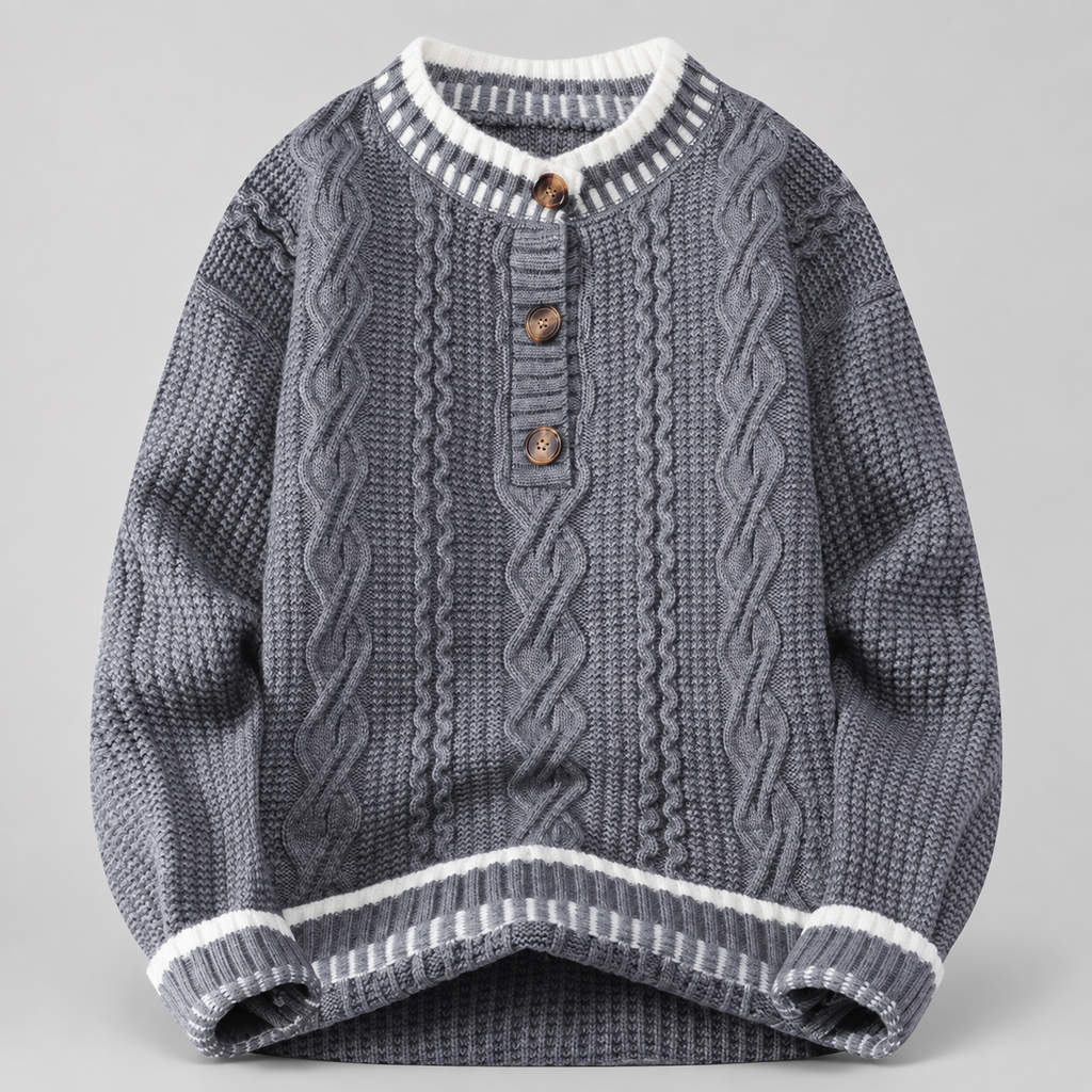 Cedric Men’s Cable-Knit Henley Sweater with Contrast Trim