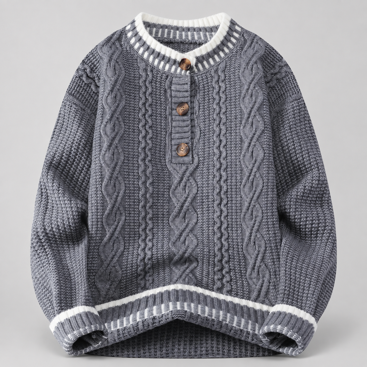 Cedric Men’s Cable-Knit Henley Sweater with Contrast Trim