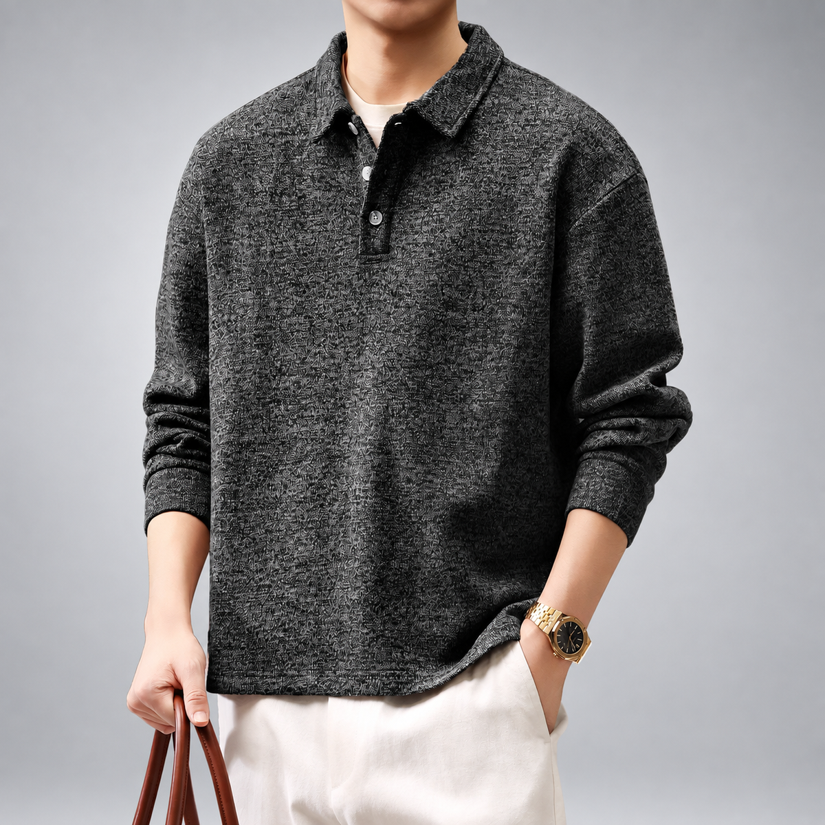 Carter Men's Relaxed Fit Textured Long Sleeve Polo Shirt