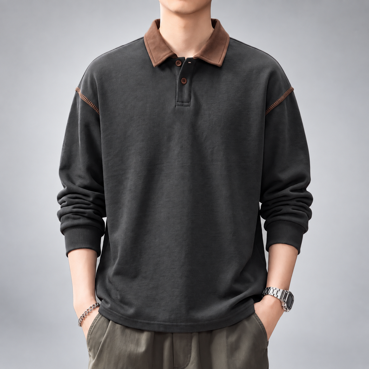 Russell Men's Relaxed Polo Sweatshirt with Contrast Shoulder Stitching