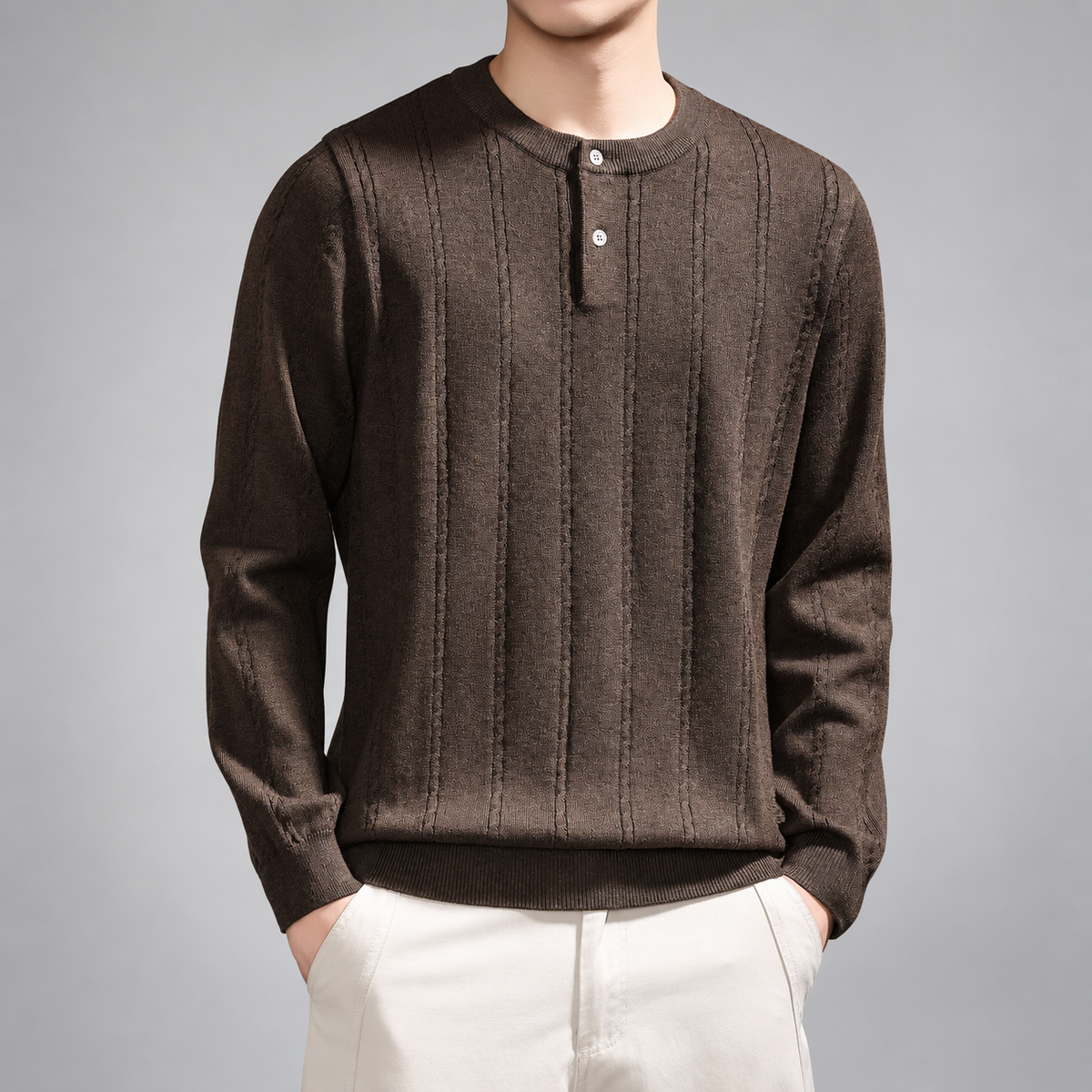 Bastien Men's Two-Button Henley Sweater with Vertical Knit Detail