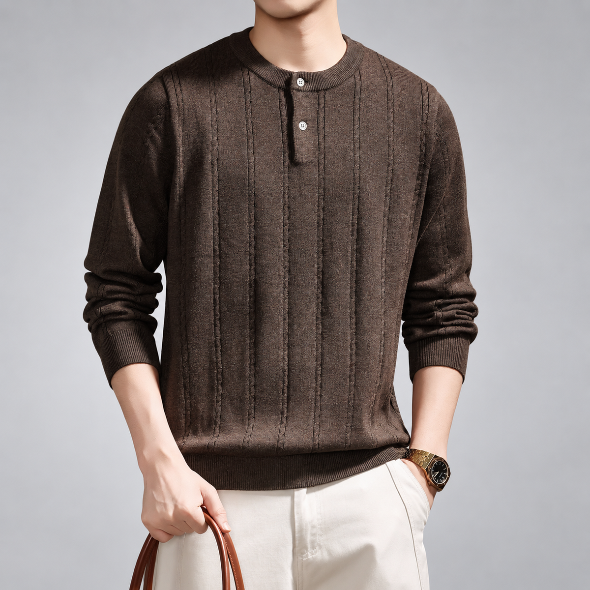 Bastien Men's Two-Button Henley Sweater with Vertical Knit Detail