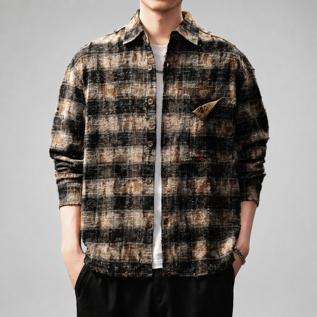 Christopher Men's Distressed Plaid Button-Up Overshirt