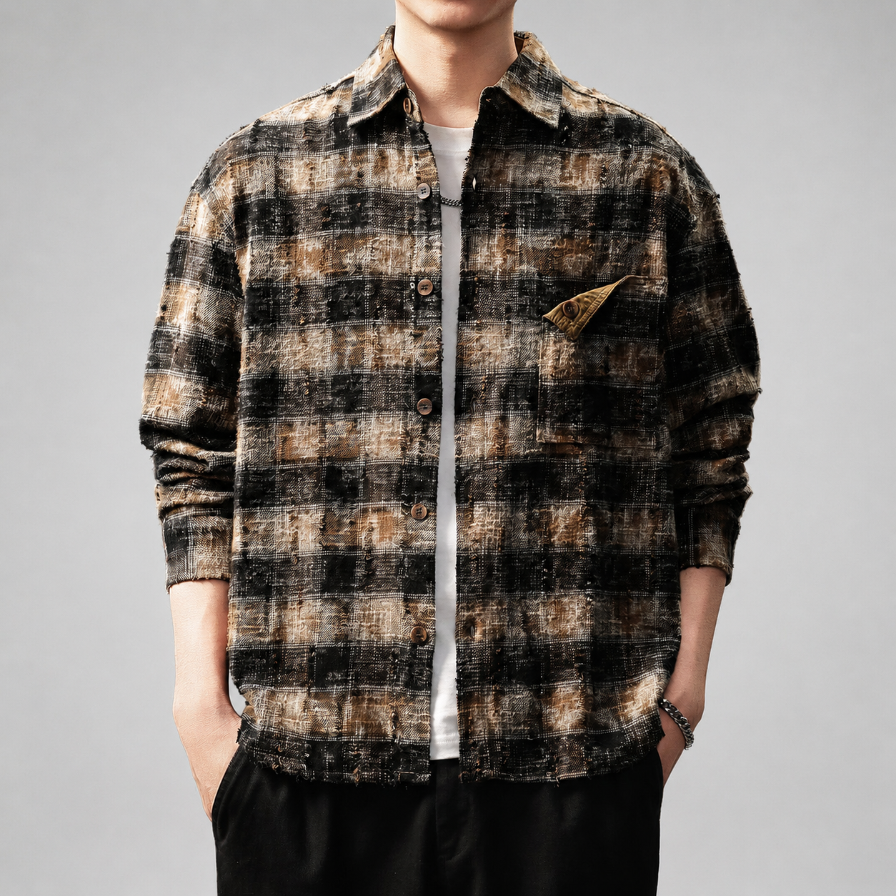 Christopher Men's Distressed Plaid Button-Up Overshirt