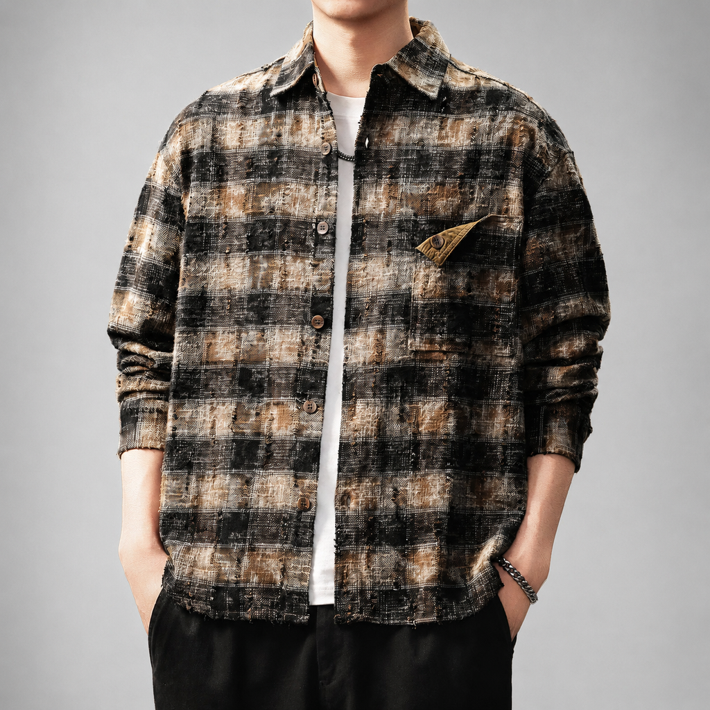 Christopher Men's Distressed Plaid Button-Up Overshirt