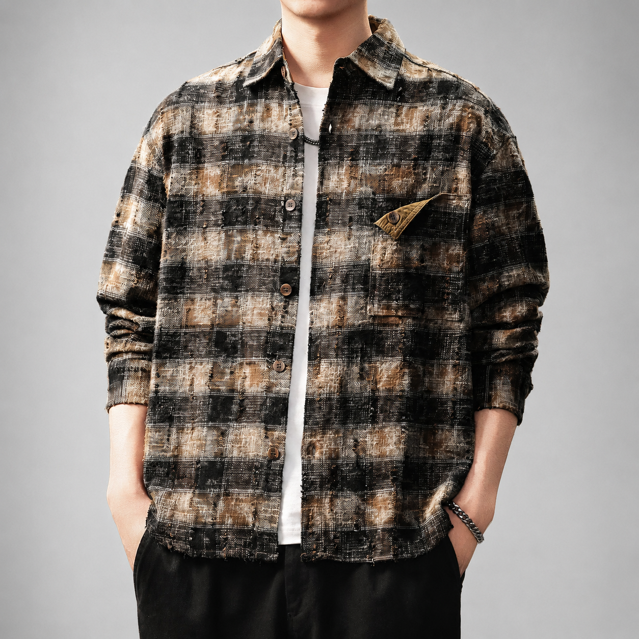 Christopher Men's Distressed Plaid Button-Up Overshirt