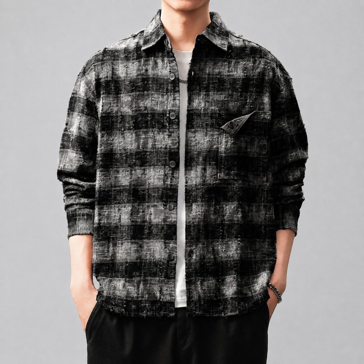 Christopher Men's Distressed Plaid Button-Up Overshirt