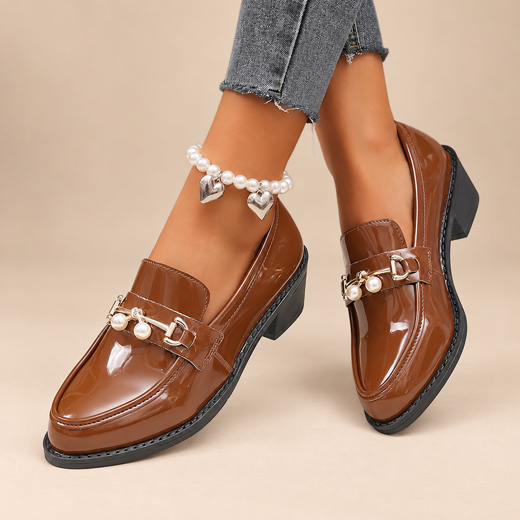 Claire Women’s Patent-Look Pearl Accent Loafers with Block Heel