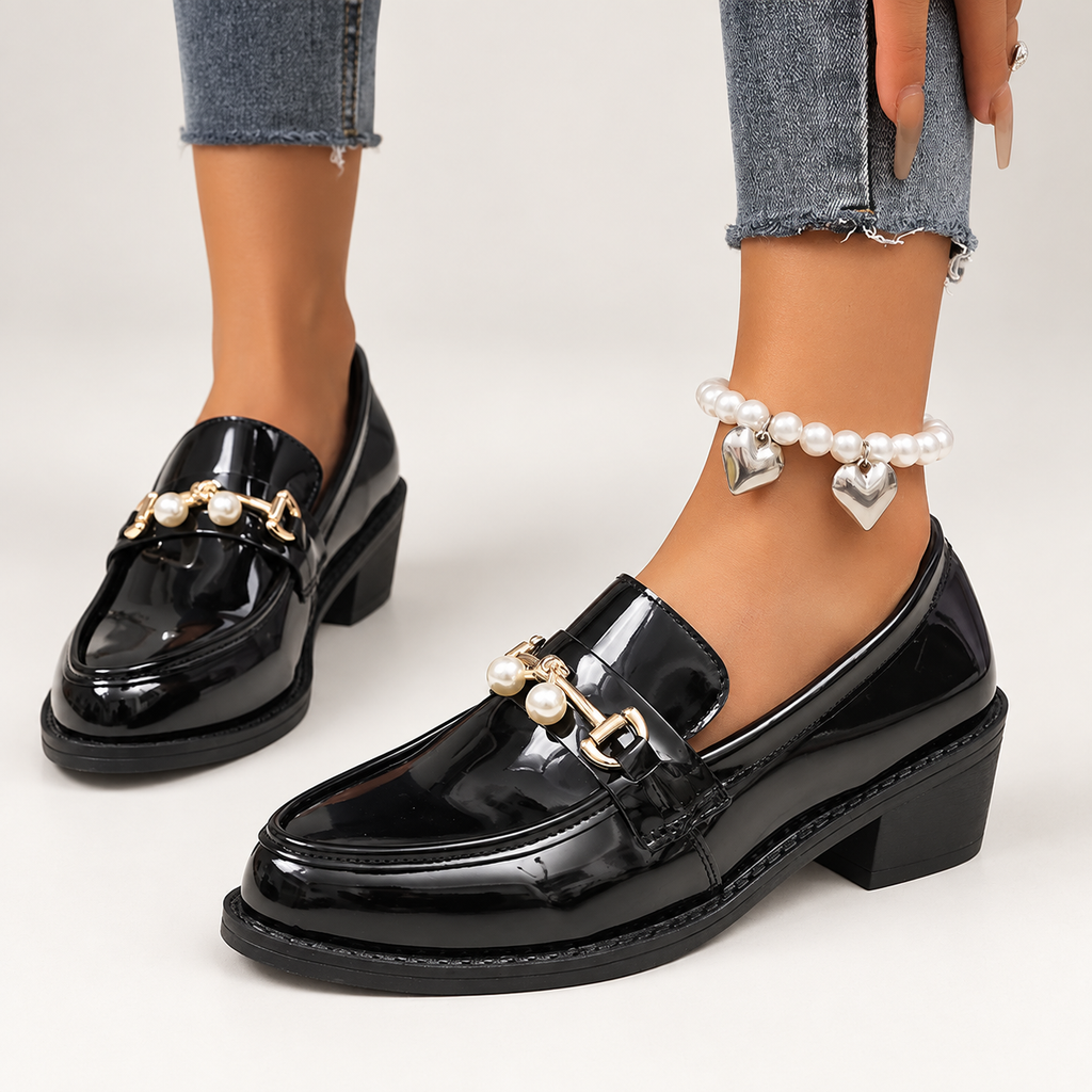 Claire Women’s Patent-Look Pearl Accent Loafers with Block Heel