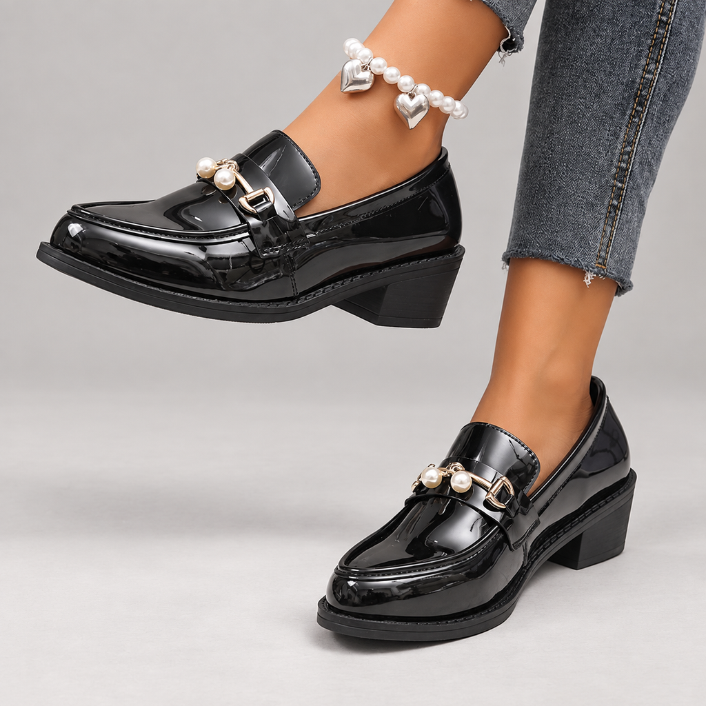 Claire Women’s Patent-Look Pearl Accent Loafers with Block Heel