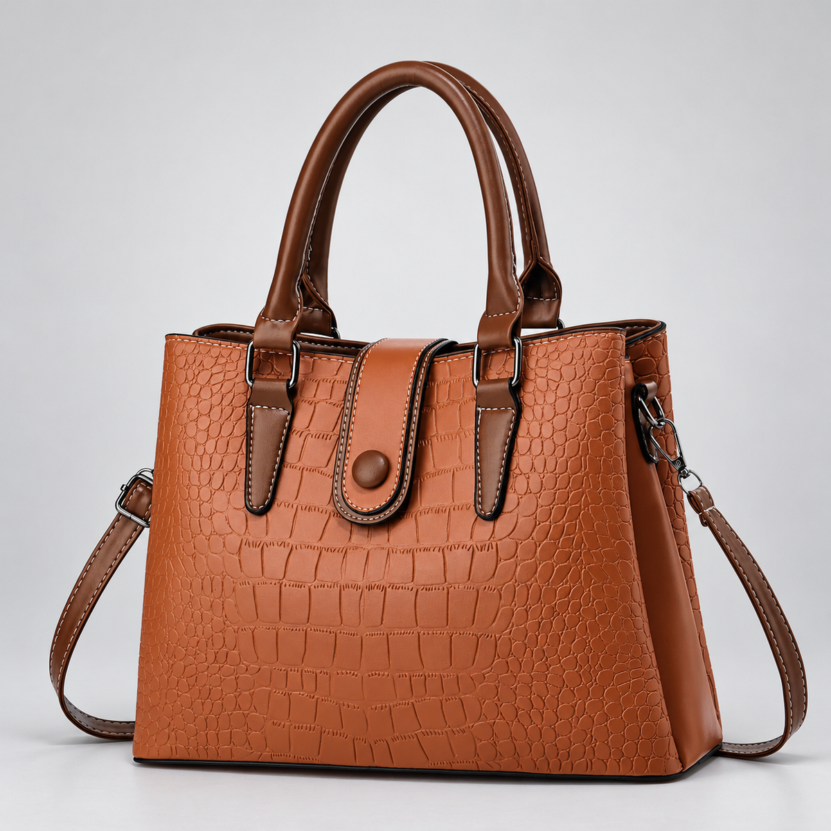 Lucienne Women’s Crocodile-Embossed Satchel Handbag with Brown Handles
