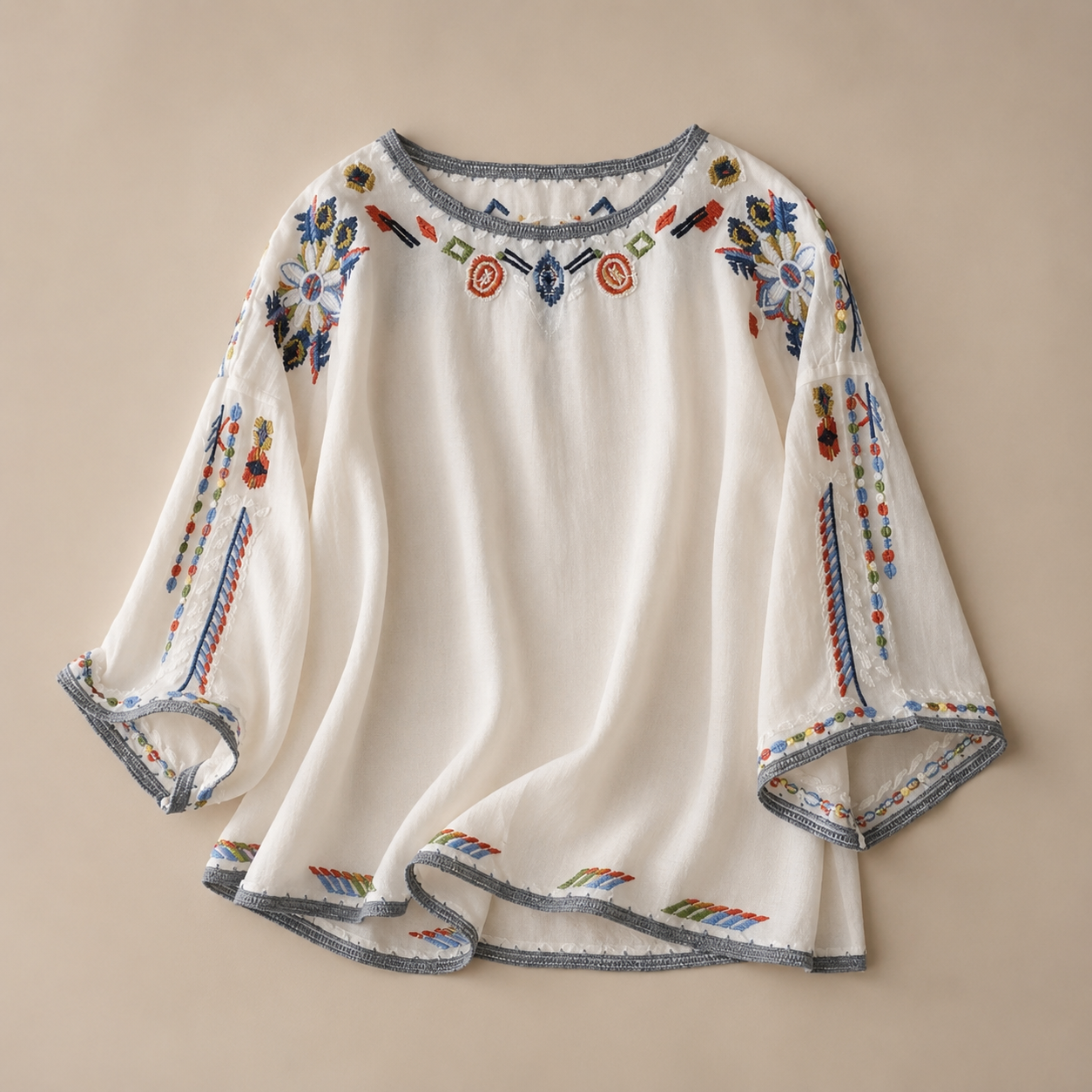 Colette Women’s Embroidered Gauze Blouse – Relaxed Boho Long Sleeve Top