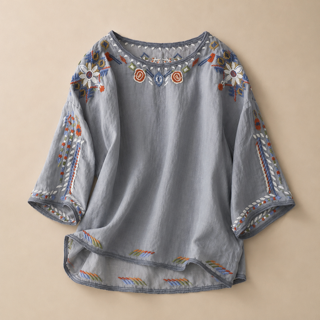 Colette Women’s Embroidered Gauze Blouse – Relaxed Boho Long Sleeve Top