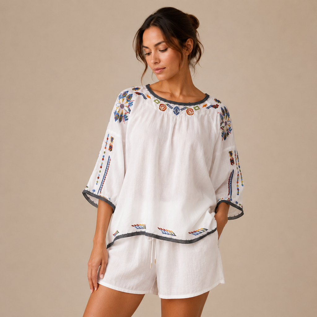 Colette Women’s Embroidered Gauze Blouse – Relaxed Boho Long Sleeve Top