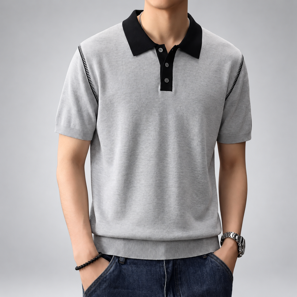 Wilfred Men's Short Sleeve Knit Polo Shirt with Contrast Collar