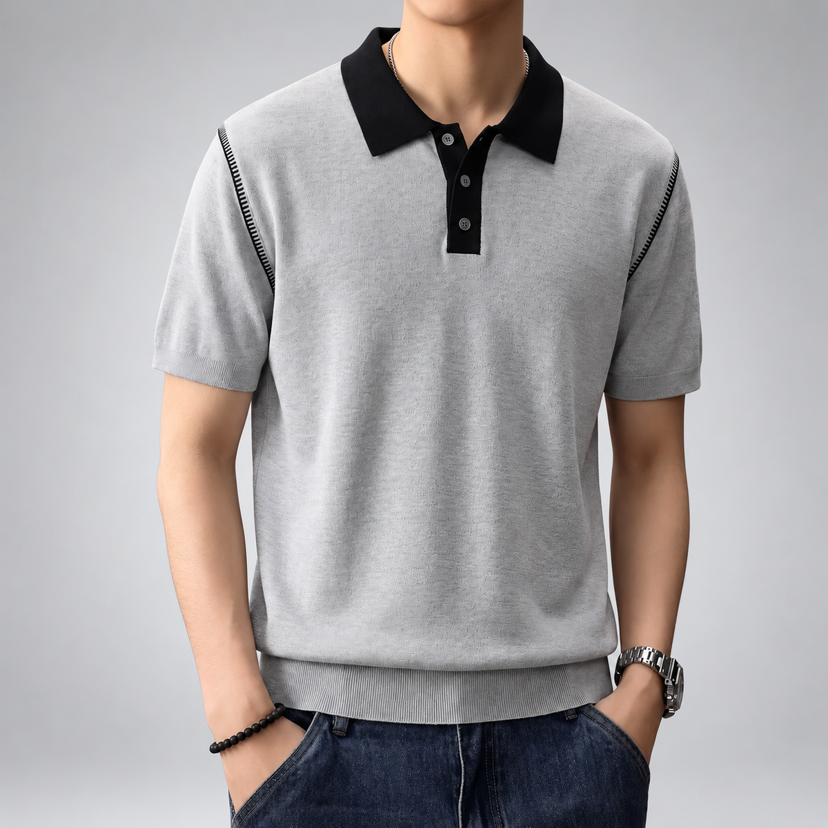 Wilfred Men's Short Sleeve Knit Polo Shirt with Contrast Collar