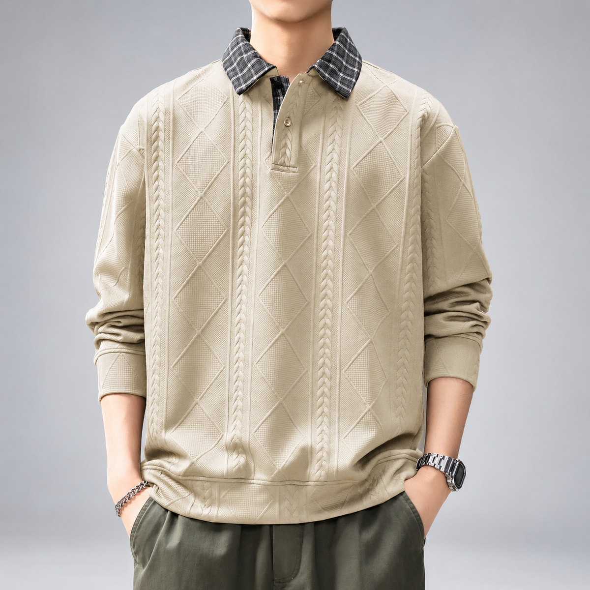 Alaric Men's Textured Polo Sweater with Plaid Collar
