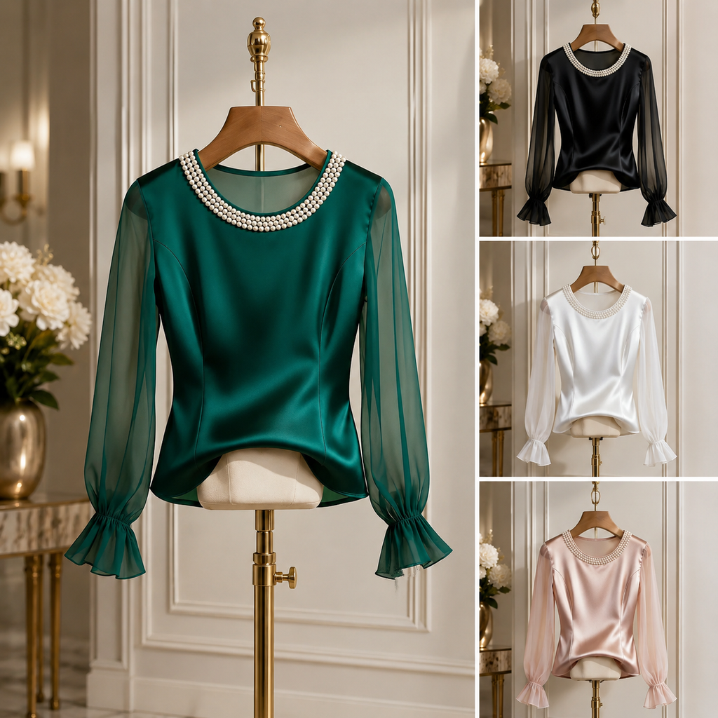 Danielle Sleeve Blouse with Pearl-Like Neckline