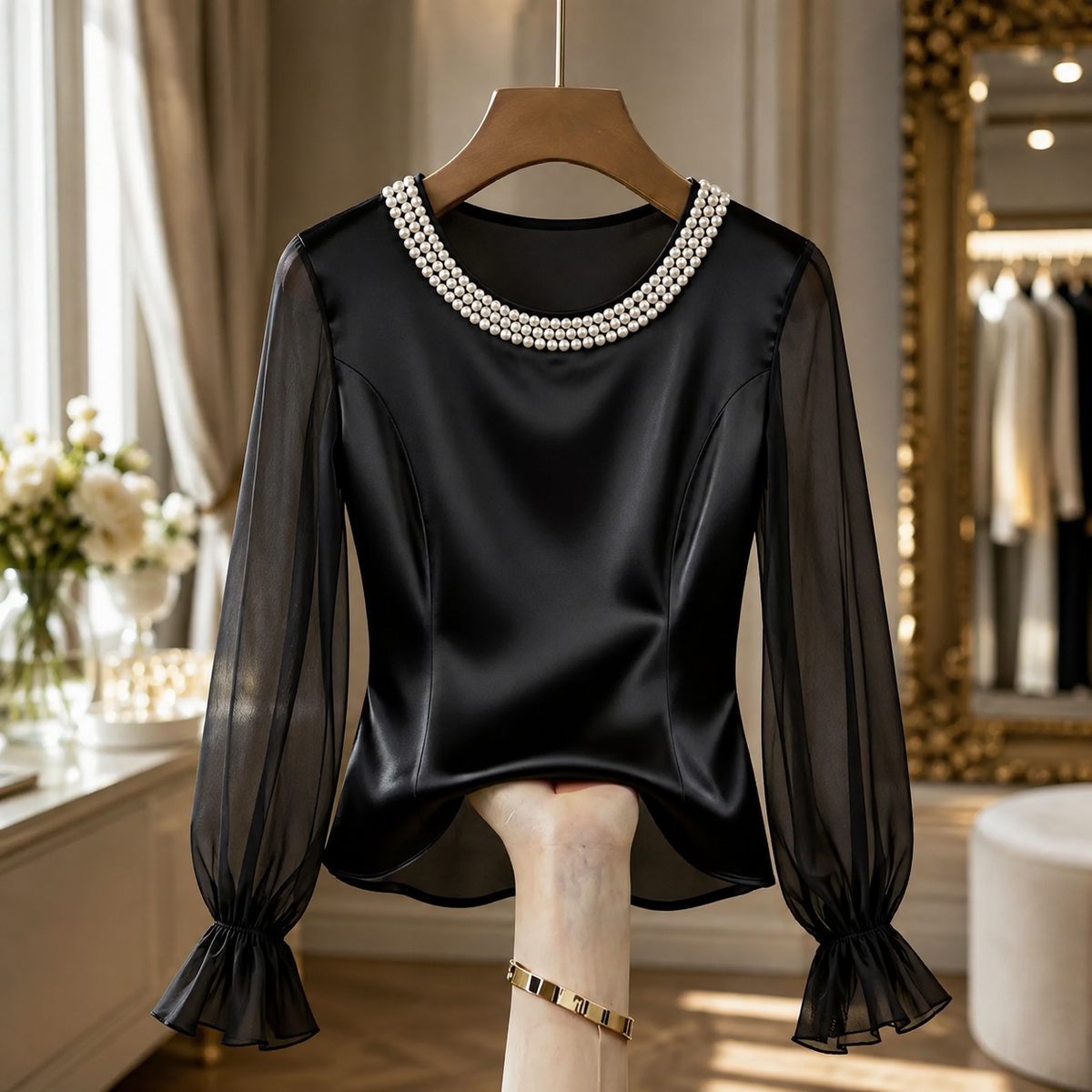 Danielle Sleeve Blouse with Pearl-Like Neckline