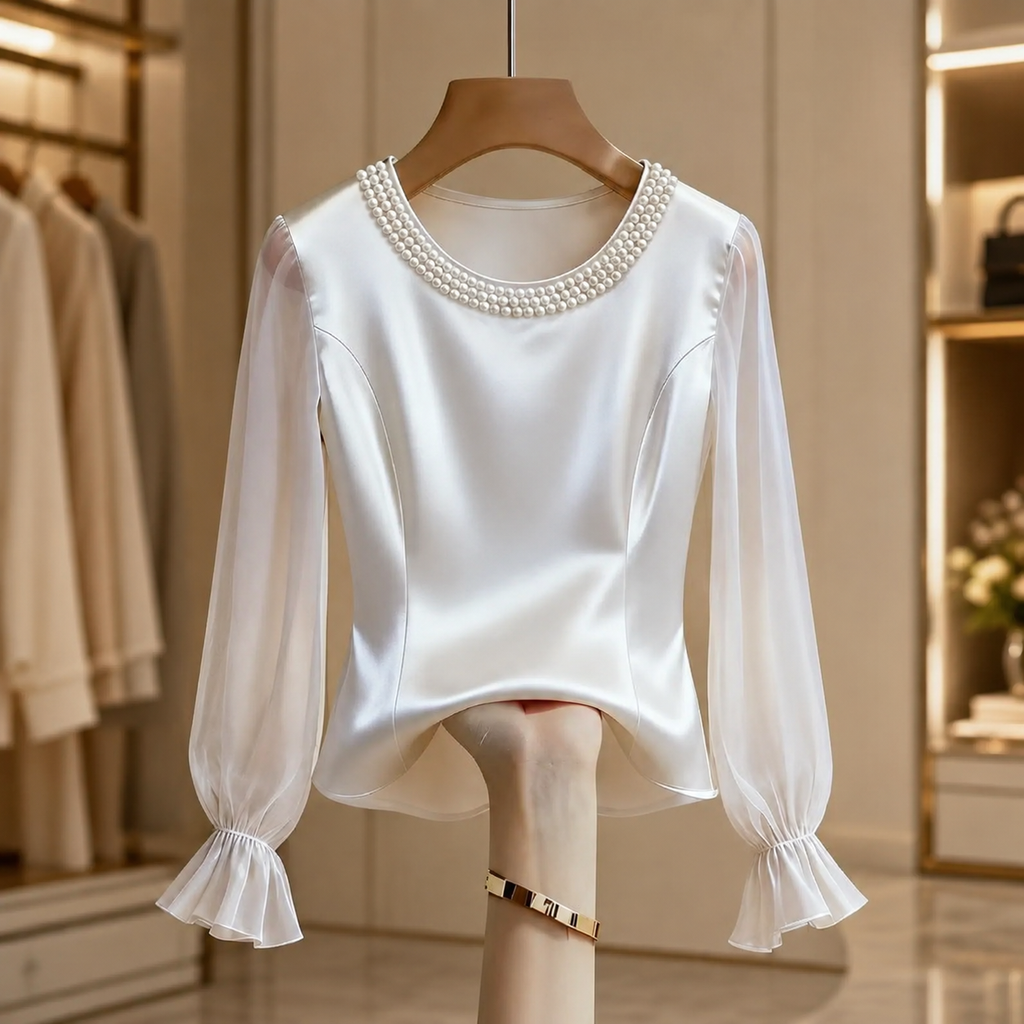 Danielle Sleeve Blouse with Pearl-Like Neckline