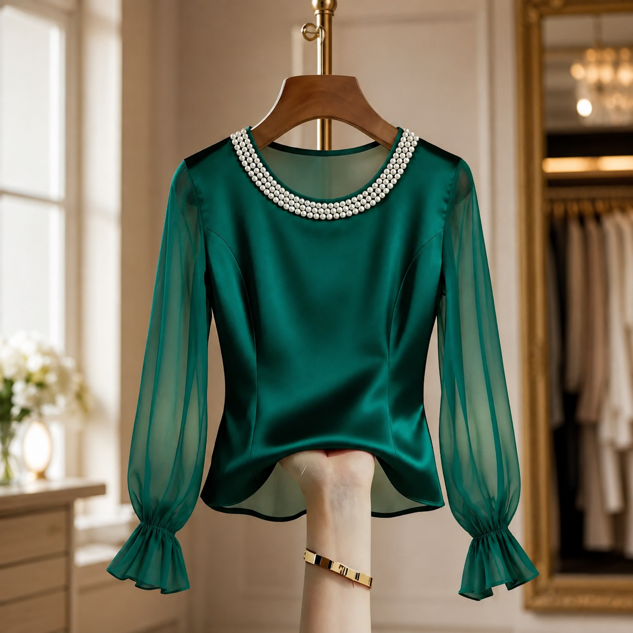 Danielle Sleeve Blouse with Pearl-Like Neckline