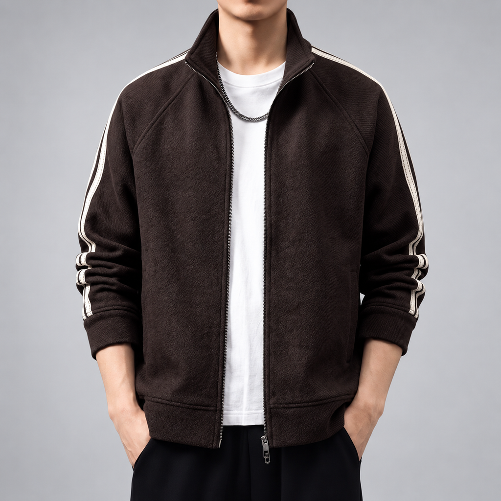 Cuthbert Men's Textured Full-Zip Track Jacket with Cream Sleeve Stripes