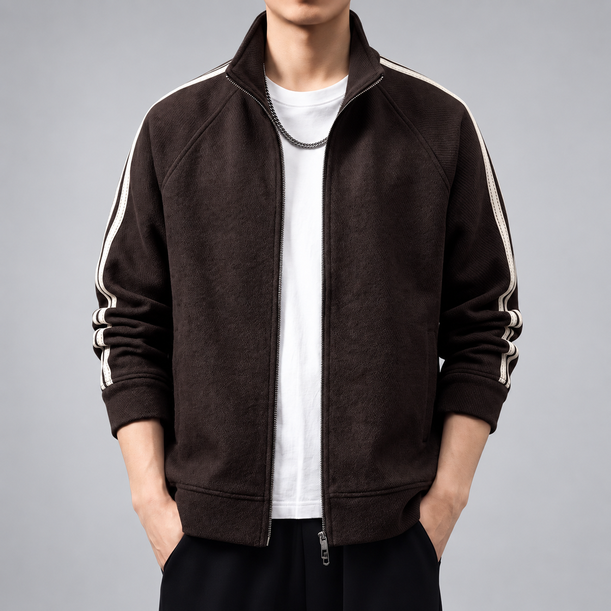 Cuthbert Men's Textured Full-Zip Track Jacket with Cream Sleeve Stripes