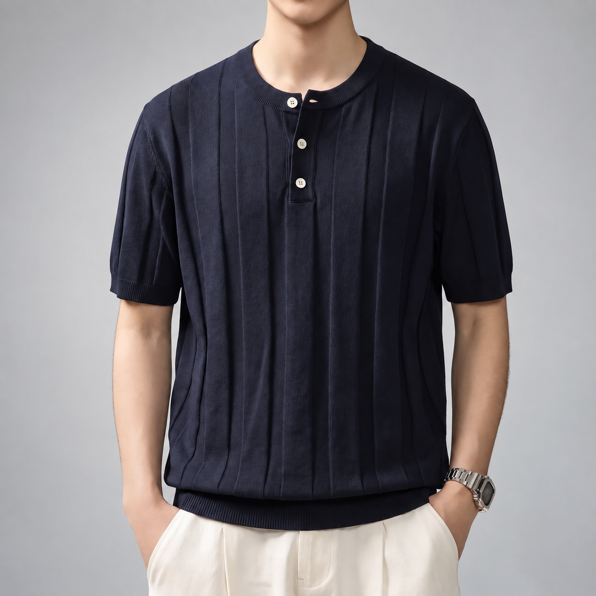 Antonio Men's Three-Button Henley Knit Shirt with Short Sleeves