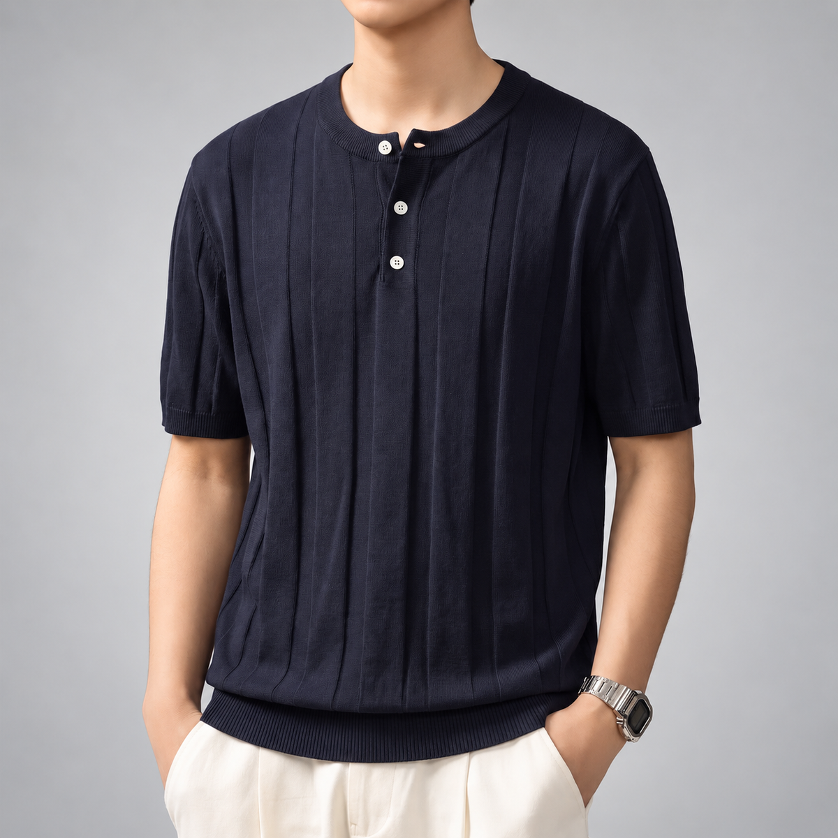 Antonio Men's Three-Button Henley Knit Shirt with Short Sleeves