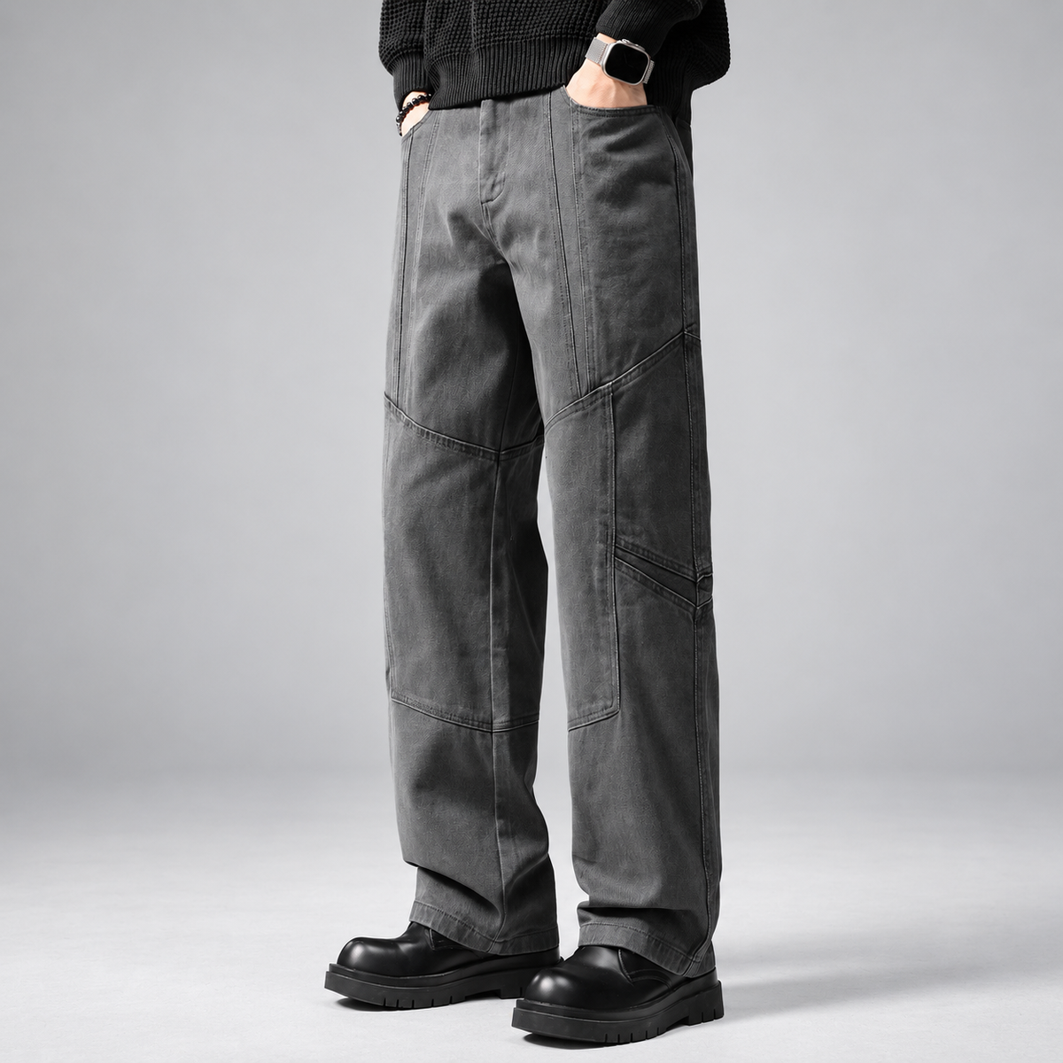 Lothair Men’s Washed Wide-Leg Pants with Panel Stitching