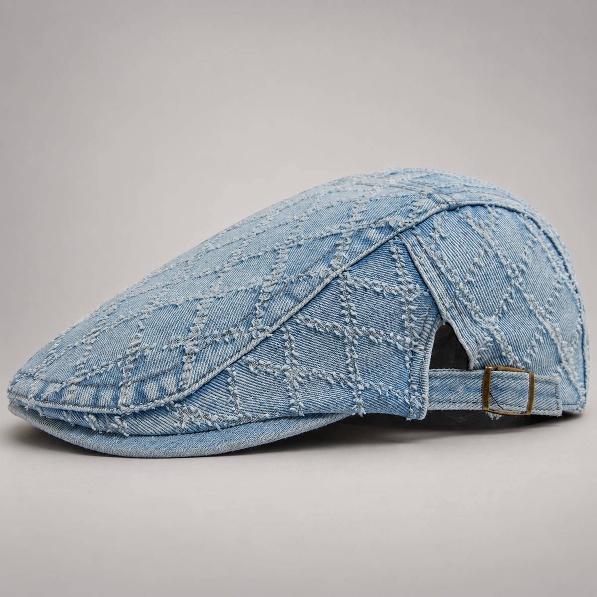 Dawson Diamond-Stitched Denim Flat Cap with Adjustable Buckle