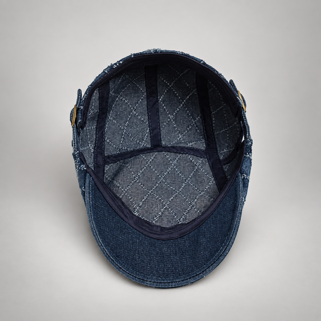 Dawson Diamond-Stitched Denim Flat Cap with Adjustable Buckle