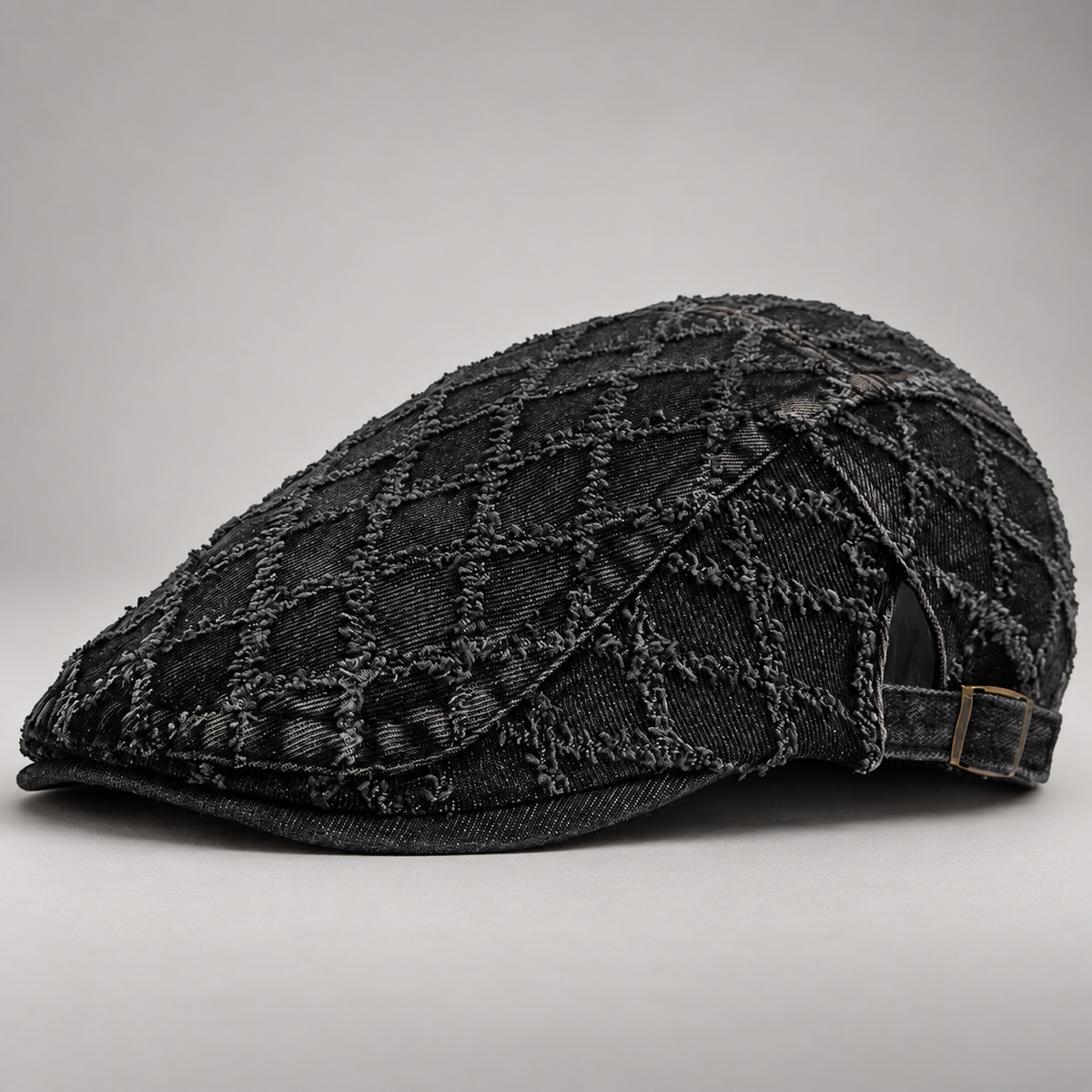 Dawson Diamond-Stitched Denim Flat Cap with Adjustable Buckle