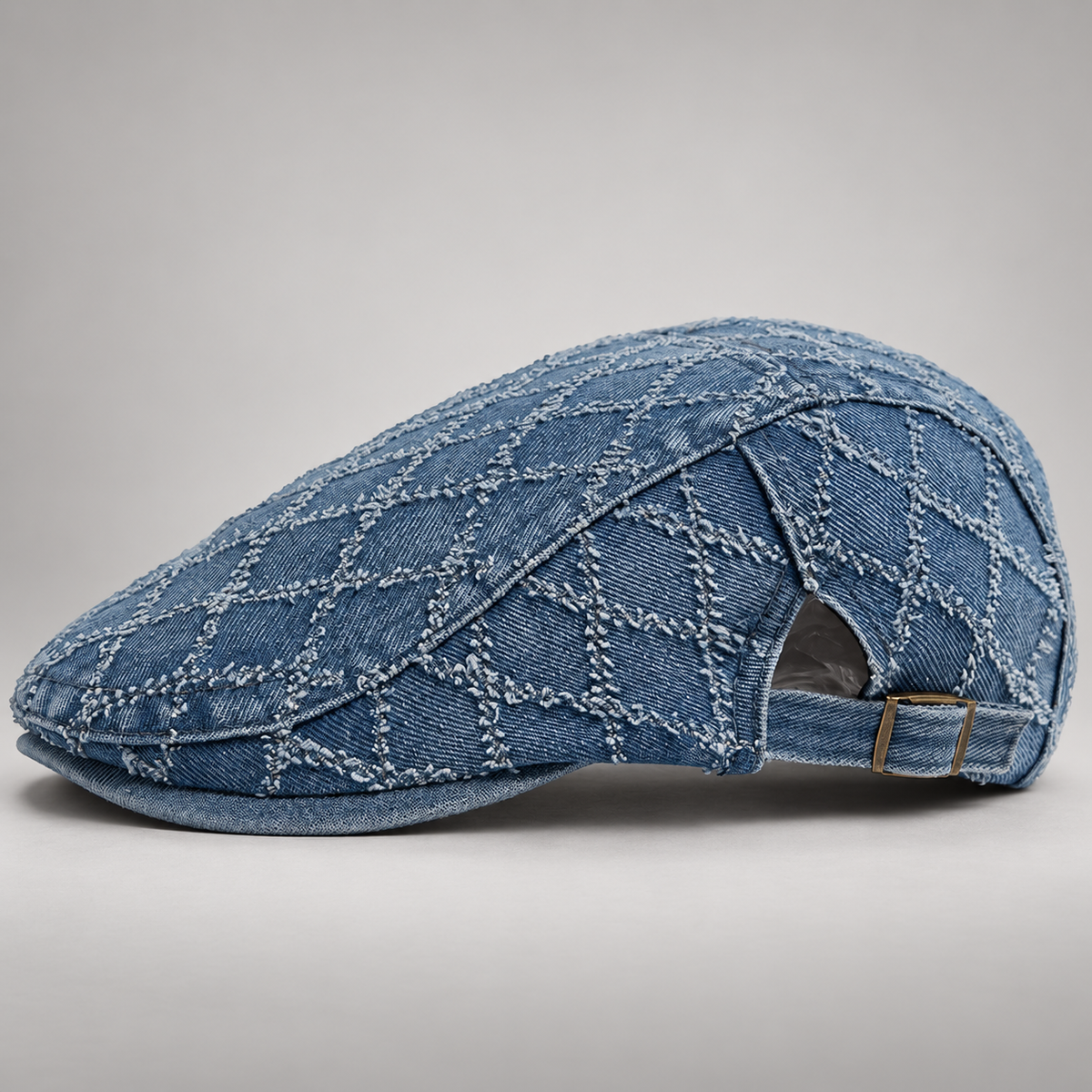 Dawson Diamond-Stitched Denim Flat Cap with Adjustable Buckle