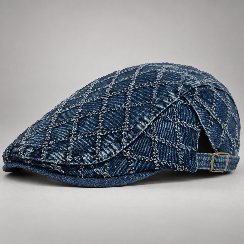 Dawson Diamond-Stitched Denim Flat Cap with Adjustable Buckle