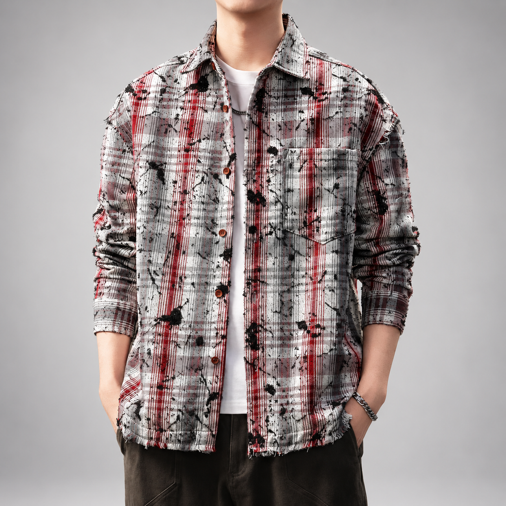 Fulbert Men’s Relaxed-Fit Plaid Shirt with Frayed Details
