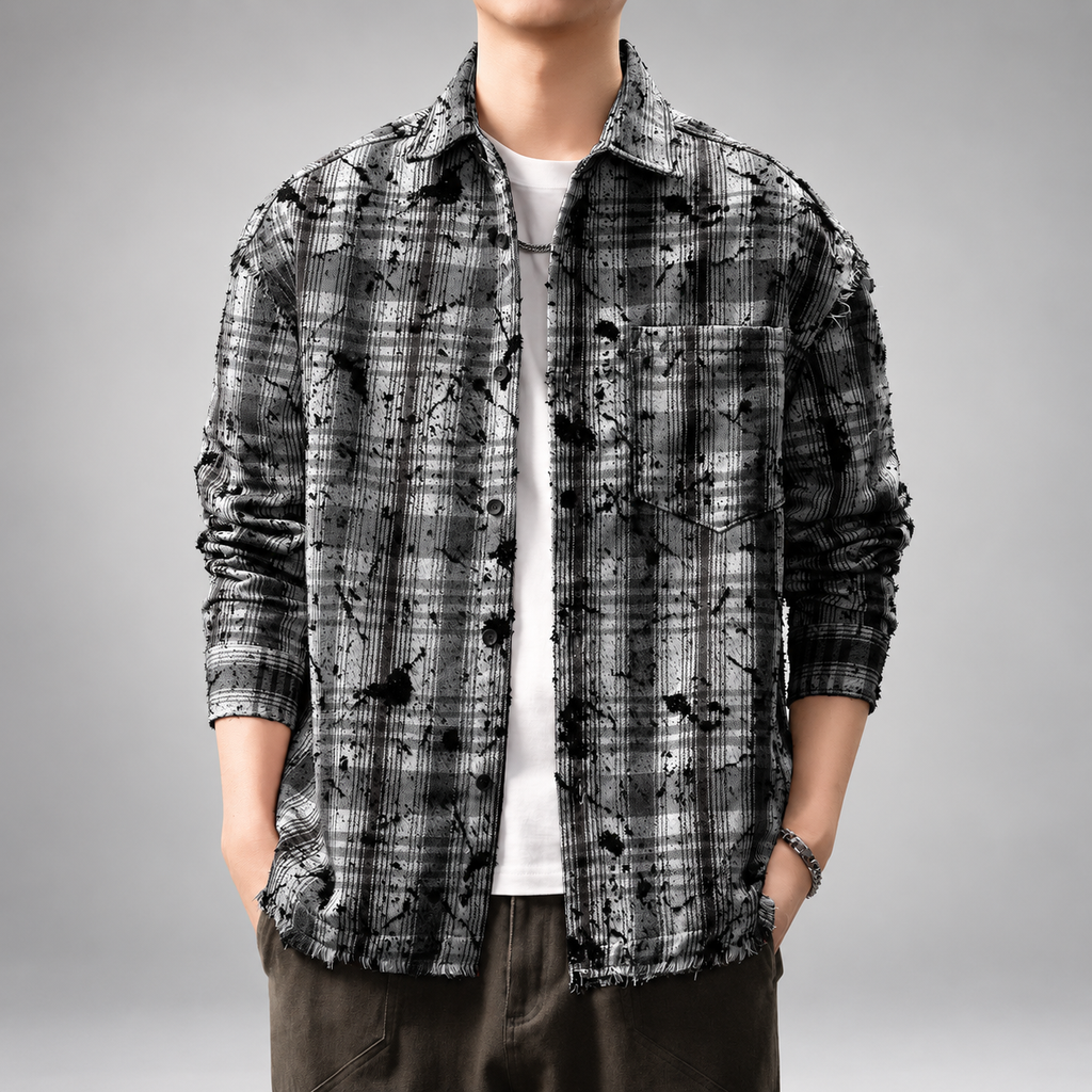 Fulbert Men’s Relaxed-Fit Plaid Shirt with Frayed Details