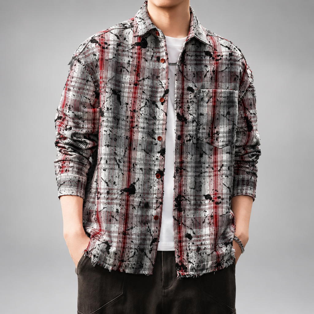 Fulbert Men’s Relaxed-Fit Plaid Shirt with Frayed Details