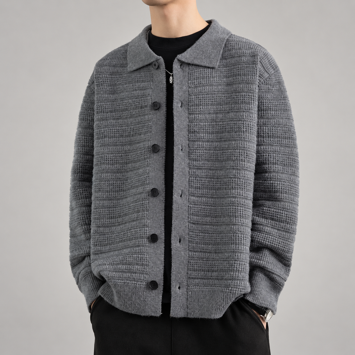 Dorian Men’s Textured Knit Button-Front Collared Cardigan Jacket