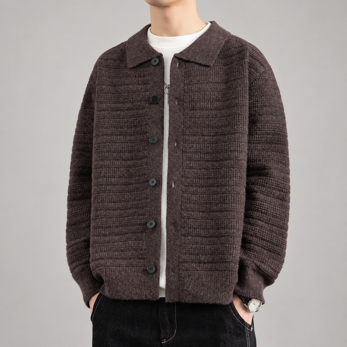 Dorian Men’s Textured Knit Button-Front Collared Cardigan Jacket
