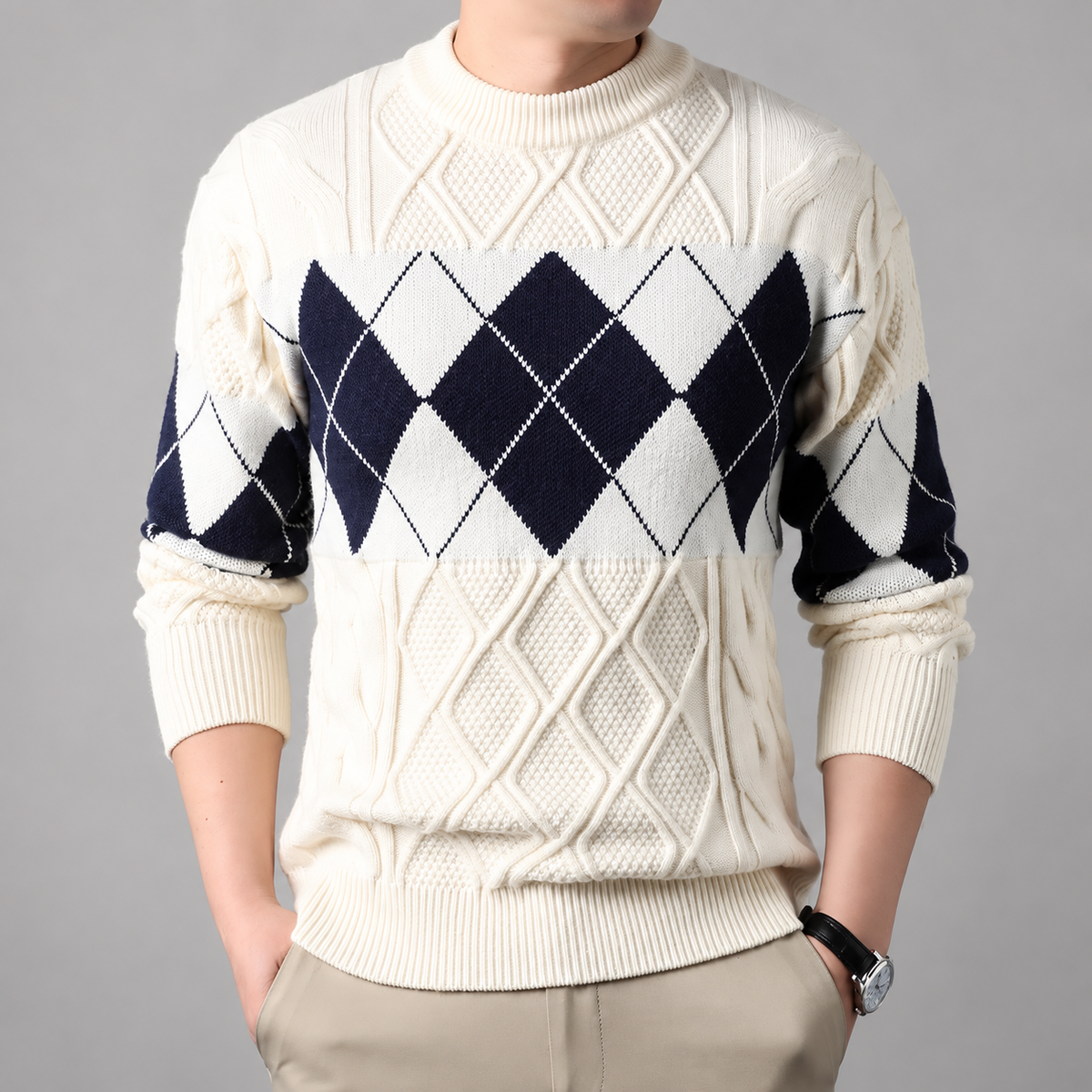 Edmund Men’s Argyle Cable-Knit Crewneck Sweater