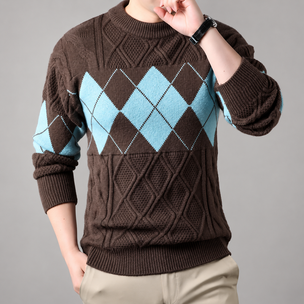 Edmund Men’s Argyle Cable-Knit Crewneck Sweater